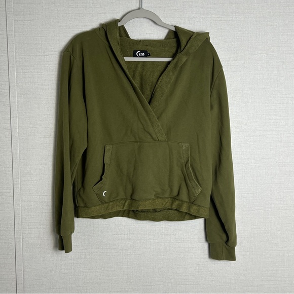 ZYIA Women's Calmness Pocket V-Neck Cropped Hoodie Sweatshirt Olive Size Large - Picture 2 of 8